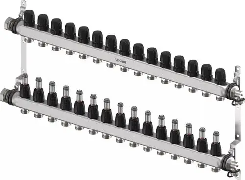 Uponor Verteiler mit mehreren Anschlüssen, montiert auf zwei horizontalen Rohren, geeignet für Heizungs- oder Kühlungsanwendungen.